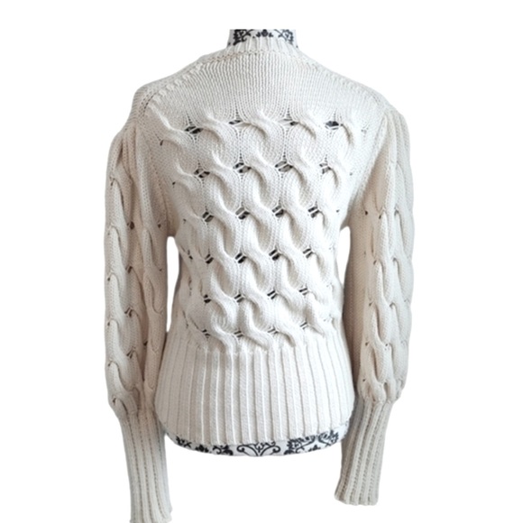 Zara Chunky Cable Knit Sweater Puff/Balloon Sleeves Soft Cotton Ivory/White Med - Picture 5 of 12